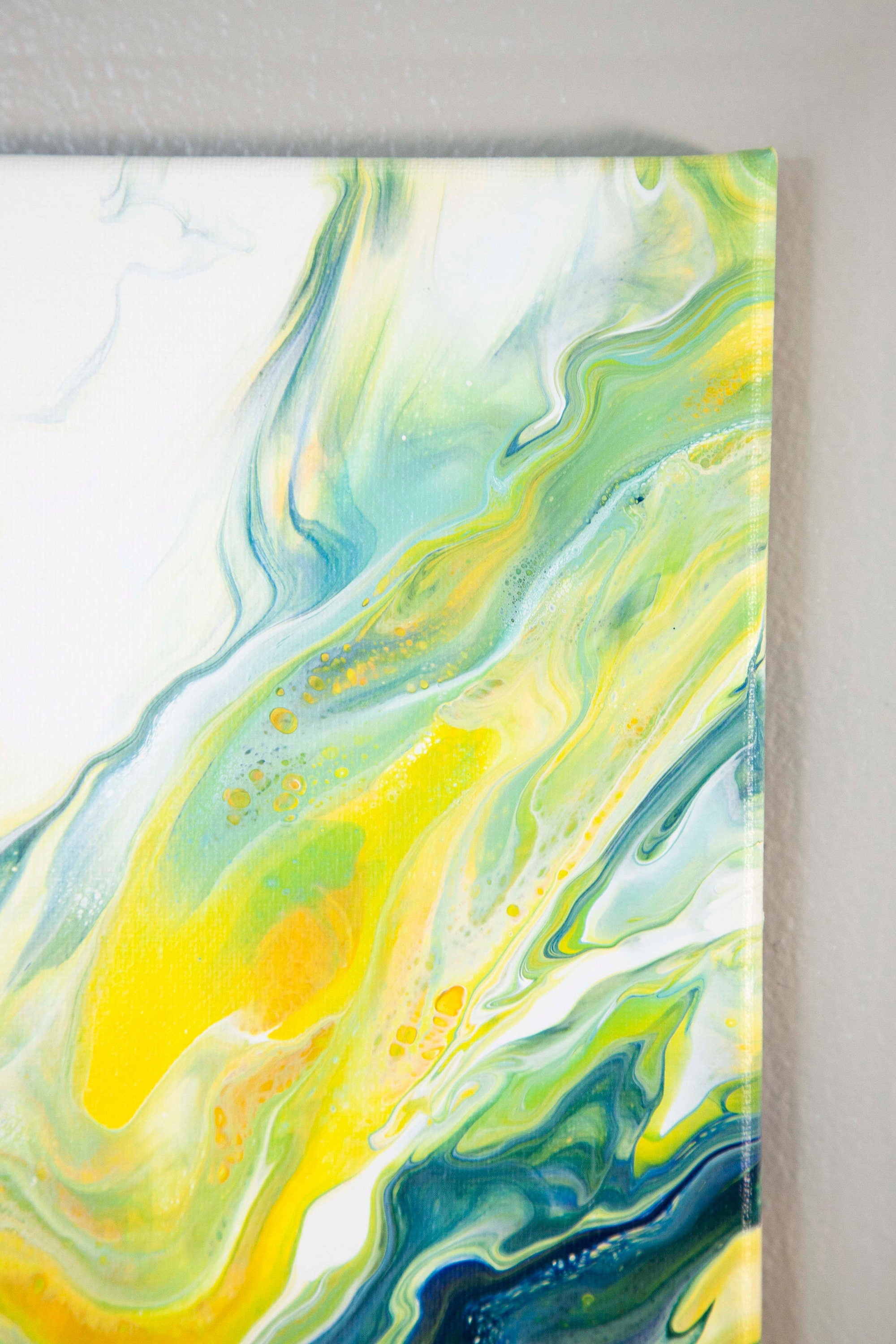 Sunshine yellow acrylic painting, on Gallery wrapped canvas. offers Dutch pour technique on black base.